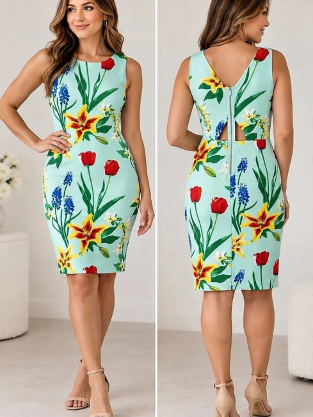 New York & Company Floral Sheath Dress Mint Cutout Back Stretch M